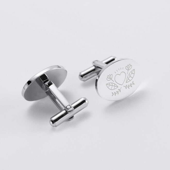 Boutons de manchette personnalisés gravés acier ovale 15x19 mm - Marié - Illustration cœurs