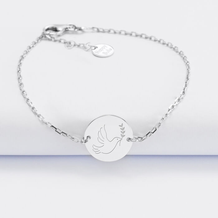 Bracelet baptême enfant chaîne personnalisé médaille gravée argent 2 trous 15 mm colombe