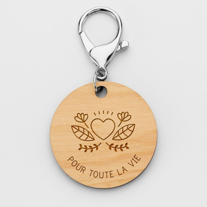 Porte-clés personnalisé gravé bois médaille ronde 50 mm - Marié - Illustration cœur
