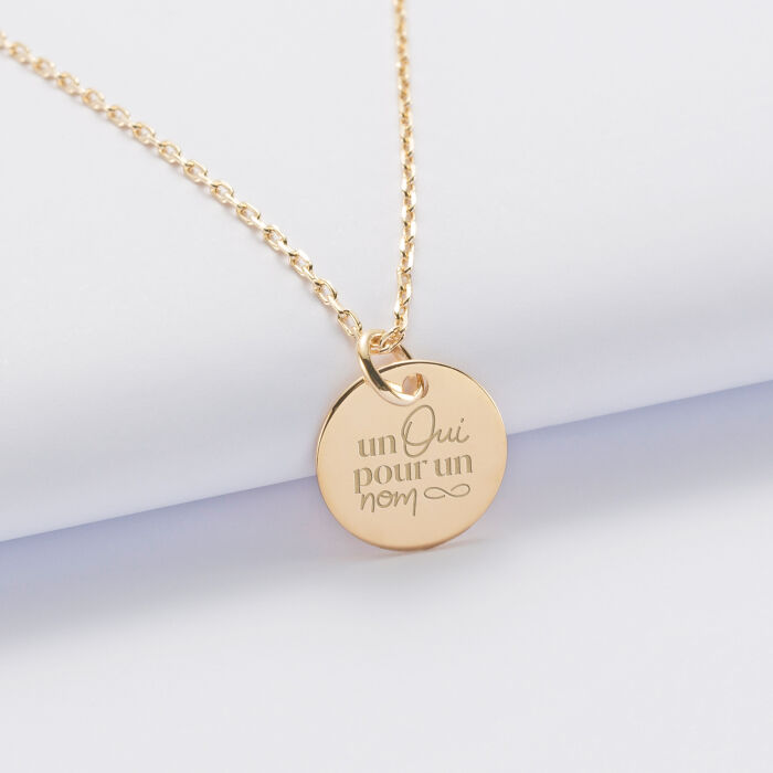 Pendentif Mariée personnalisé médaille gravée plaqué or 15 mm - Un oui pour un nom infini