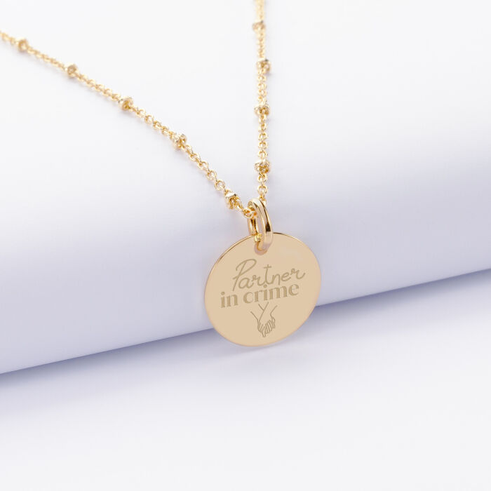 Pendentif Mariée personnalisé médaille gravée plaqué or 15 mm - Partner in crime