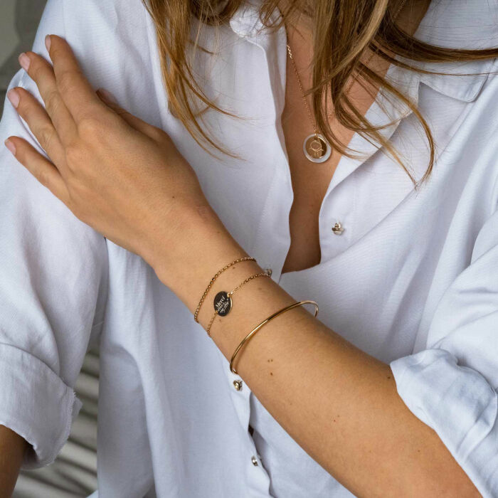 Bracelet Témoin chaine personnalisé médaille gravée plaqué or 2 trous 15 mm - Merci d'être à mes côtés