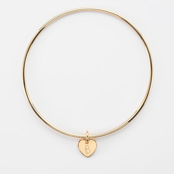 Bracelet personnalisé jonc plaqué or médaille gravée initiale coeur 10 mm - 2