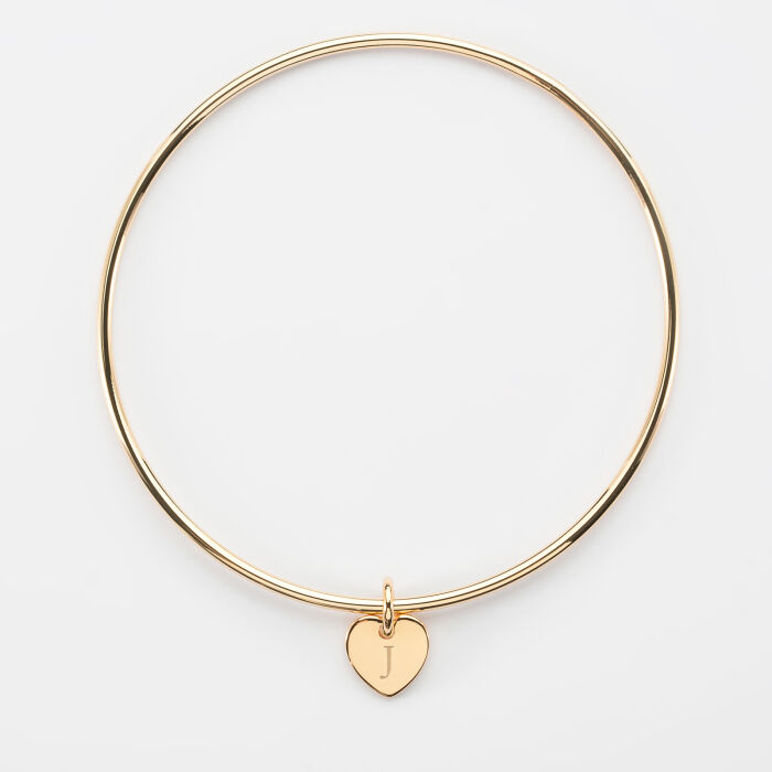 Bracelet personnalisé jonc plaqué or médaille gravée initiale coeur 10 mm - 4