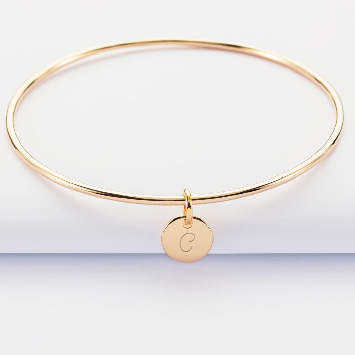 Personalised gold plated bangle and 10 mm engraved initial medallion - 1