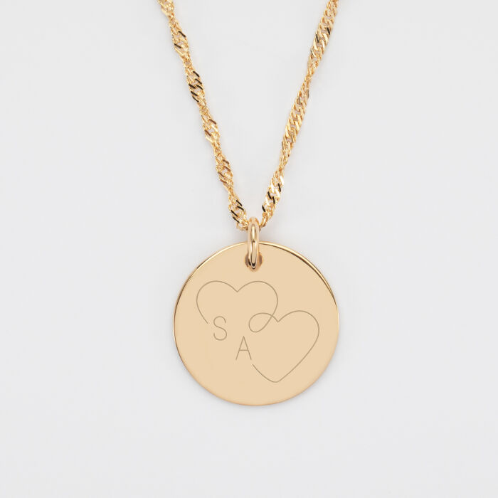 Pendentif personnalisé médaille gravée plaqué or 19 mm - Edition spéciale mariage Cœur Infini - Gravure S&A