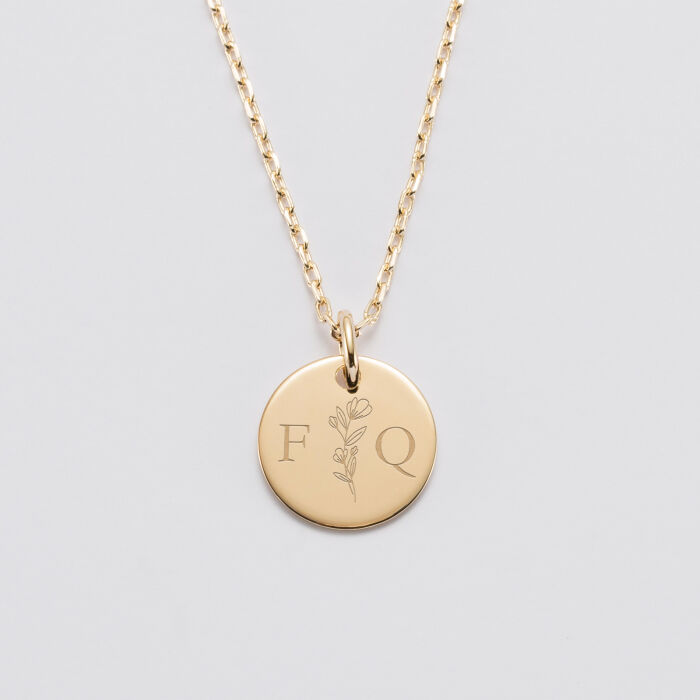 Pendentif personnalisé médaille gravée plaqué or 15 mm - Edition spéciale mariage Initiale Florale - Gravure F&Q
