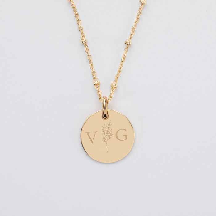 Pendentif personnalisé médaille gravée plaqué or 15 mm - Edition spéciale mariage Initiale Florale - Gravure V&G