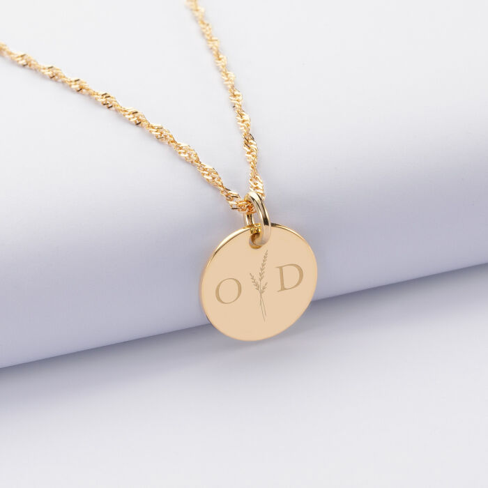 Pendentif personnalisé médaille gravée plaqué or 15 mm - Edition spéciale mariage Initiale Florale - Gravure O&D