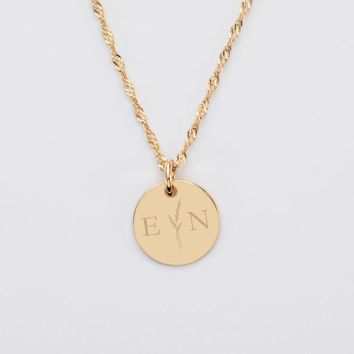 Pendentif personnalisé médaille gravée plaqué or 15 mm - Edition spéciale mariage Initiale Florale - Gravure E&N