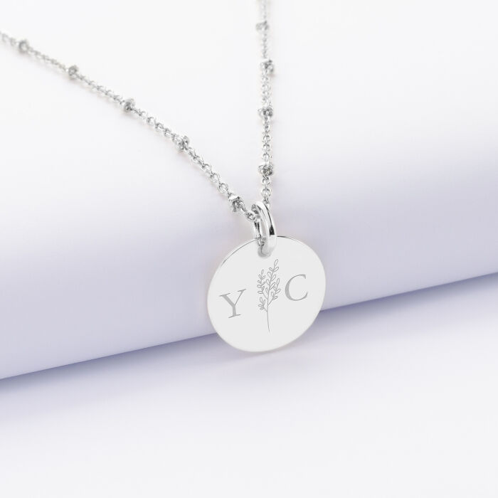 Pendentif personnalisé médaille gravée argent 15 mm - Edition spéciale mariage Initiales Florales - Initiales Y&C