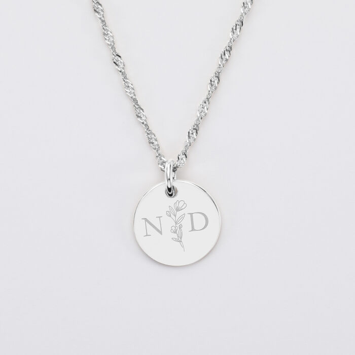 Pendentif personnalisé médaille gravée argent 15 mm - Edition spéciale mariage Initiales Florales - Initiales N&D