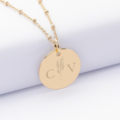Pendentif personnalisé médaille gravée plaqué or 19 mm - Edition spéciale mariage Initiales Florales - Initiales C&V