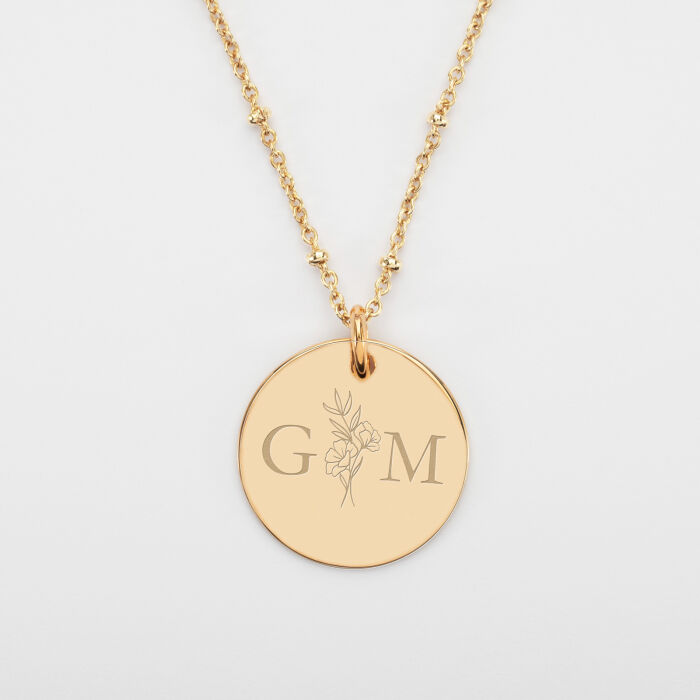 Pendentif personnalisé médaille gravée plaqué or 19 mm - Edition spéciale mariage Initiales Florales