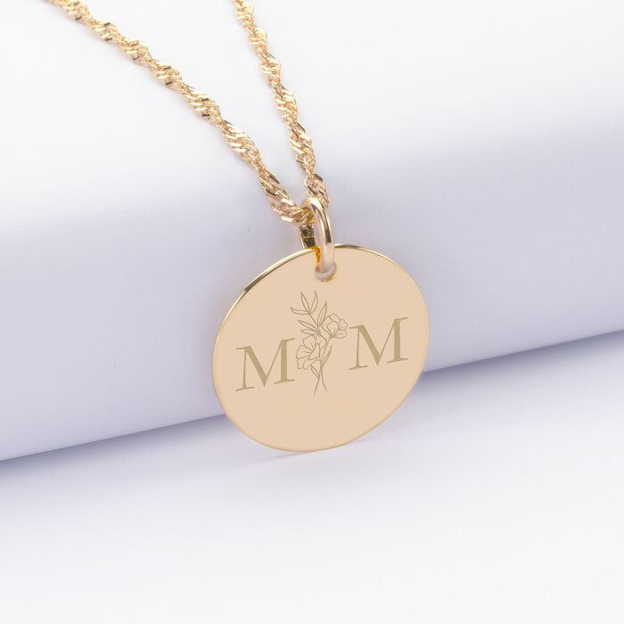 Pendentif personnalisé médaille gravée plaqué or 19 mm - Edition spéciale mariage Initiales Florales