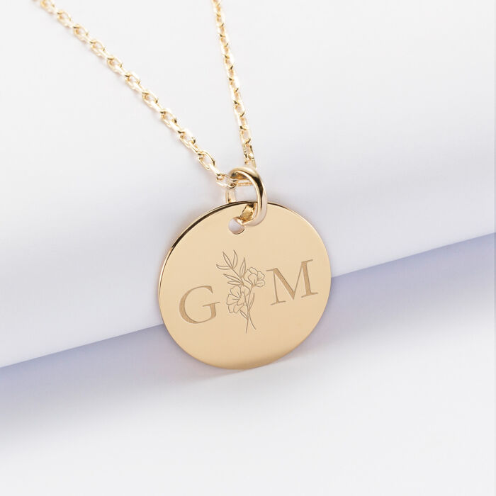 Pendentif personnalisé médaille gravée plaqué or 19 mm - Edition spéciale mariage Initiales Florales - Initiales G&M