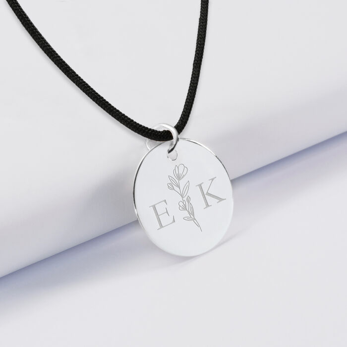 Pendentif personnalisé médaille gravée argent 19 mm - Edition spéciale mariage Initiales Florales - Initiale E&K