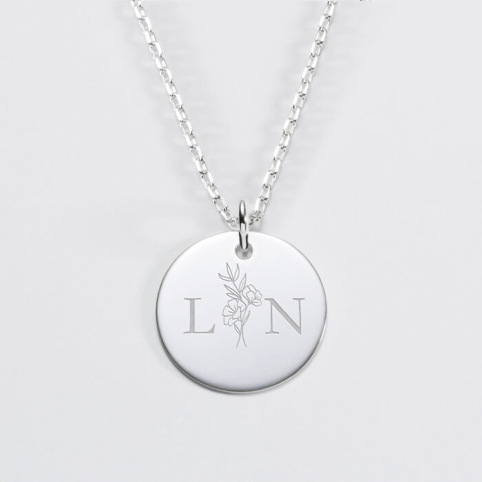 Pendentif personnalisé médaille gravée argent 19 mm - Edition spéciale mariage Initiales Florales - Initiale L&N