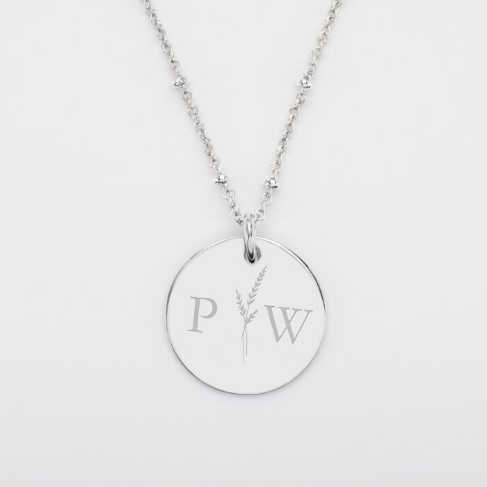 Pendentif personnalisé médaille gravée argent 19 mm - Edition spéciale mariage Initiales Florales - Initiale P&W
