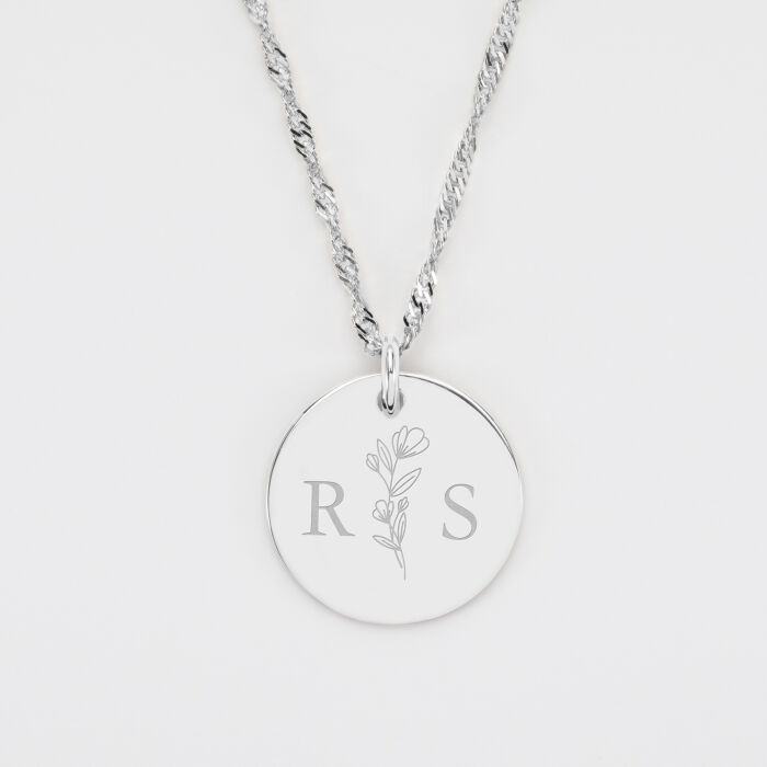 Pendentif personnalisé médaille gravée argent 19 mm - Edition spéciale mariage Initiales Florales - Initiales R&S