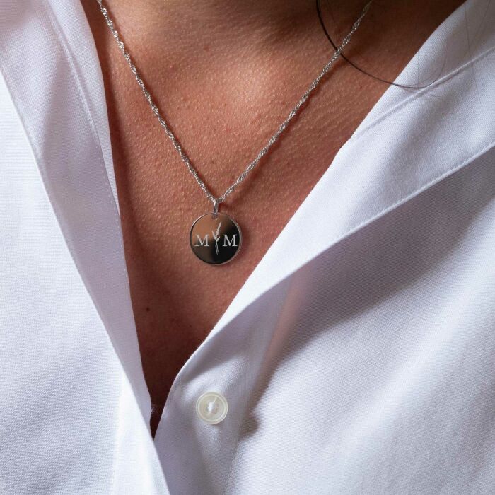 Pendentif personnalisé médaille gravée argent 19 mm - Edition spéciale mariage Initiales Florales - Initiales M&M