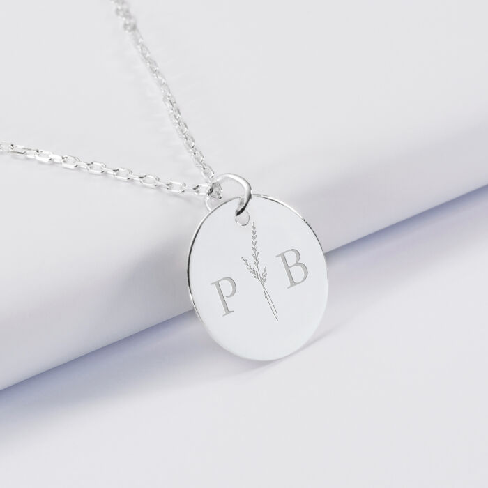 Pendentif personnalisé médaille gravée argent 19 mm - Edition spéciale mariage Initiales Florales - Initiales P&B