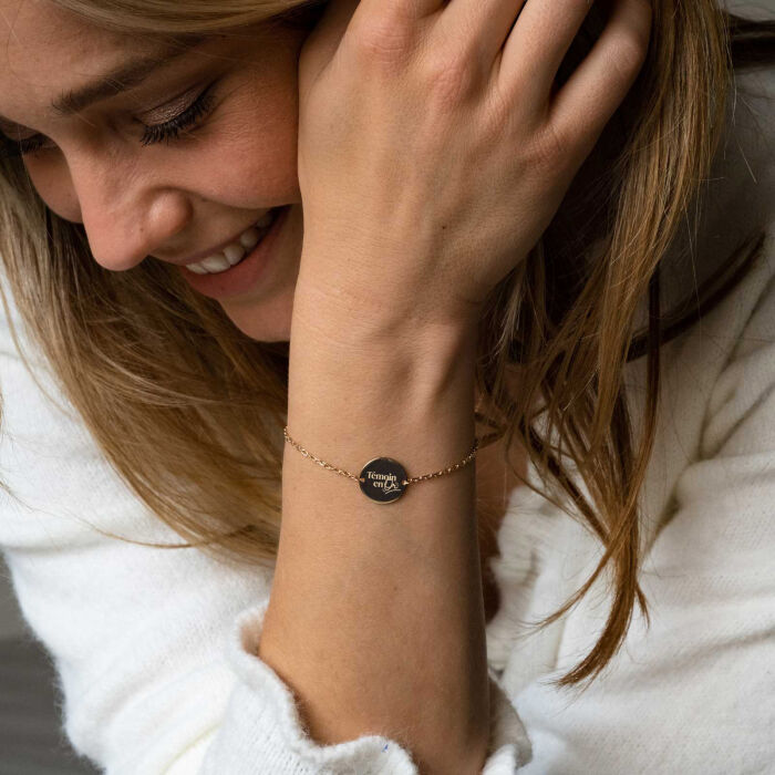 Bracelet chaine Famille des mariés personnalisé médaille gravée plaqué or 2 trous 15 mm - Témoin en or