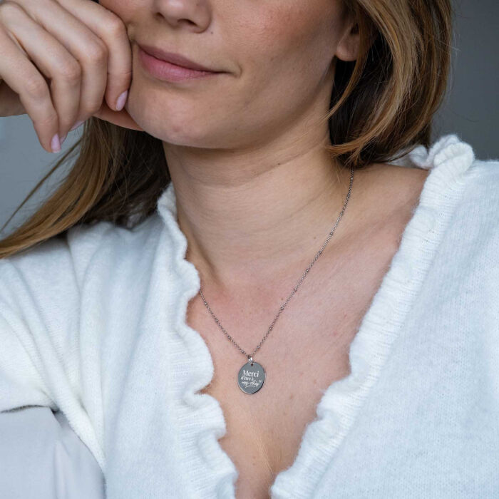 Pendentif Famille des mariés personnalisé médaille gravée argent 19 mm - Merci d'être à mes côtés