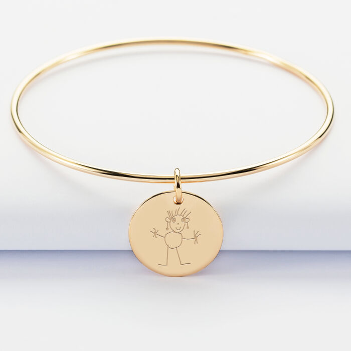 Bracelet personnalisé jonc plaqué or médaille gravée 19 mm - dessin