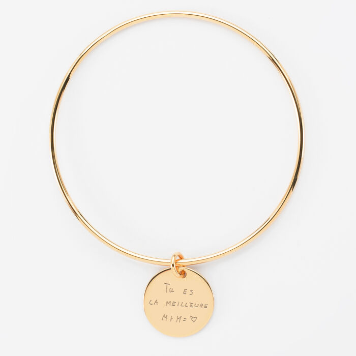 Bracelet personnalisé jonc plaqué or médaille gravée 19 mm - écrits