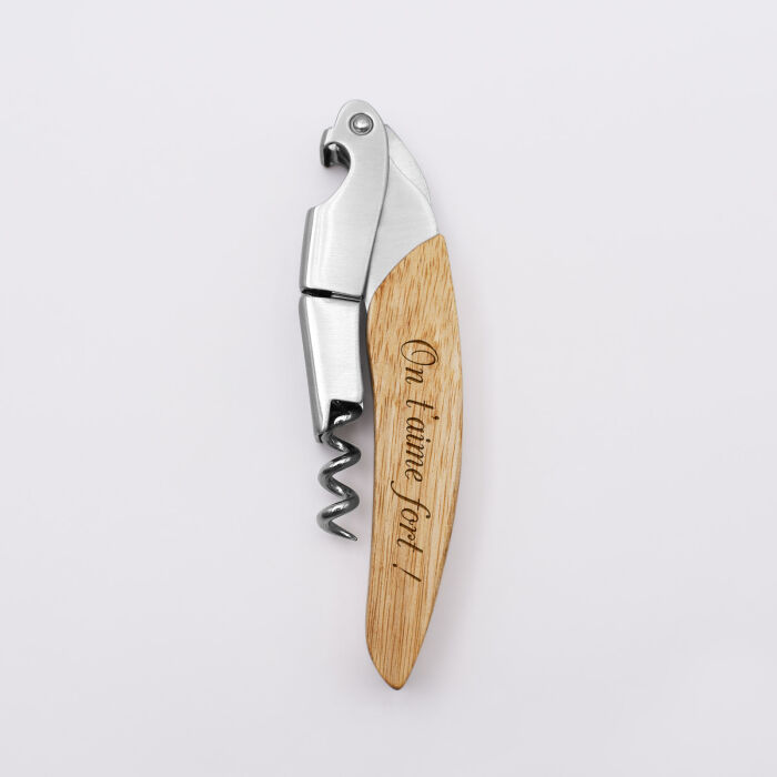 Tire-bouchon personnalisé bois gravé 12,5x3 cm - on t'aime fort