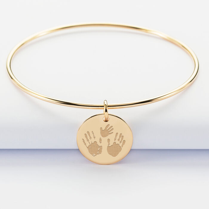 Personalised gold plated bangle and 19 mm engraved medallion - imprints