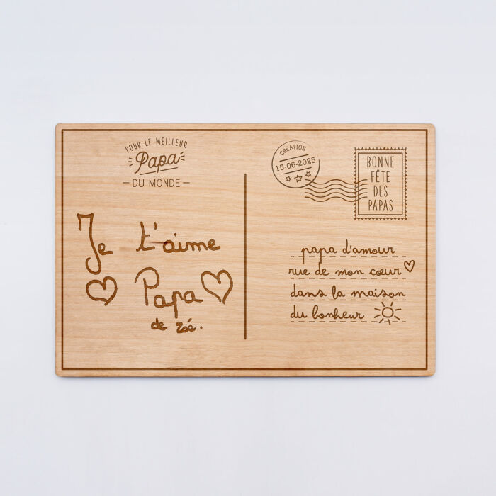 Cadre carte postale papa personnalisé bois gravé 15x10 cm avec support - édition spéciale "Bonne fête papa"- Ecriture