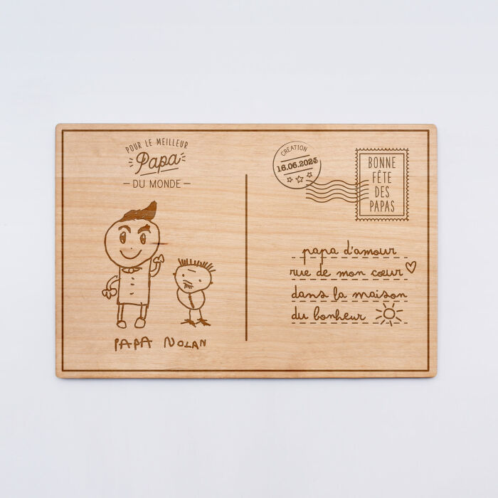 Cadre carte postale papa personnalisé bois gravé 15x10 cm avec support - édition spéciale "Bonne fête papa" - Dessin enfant