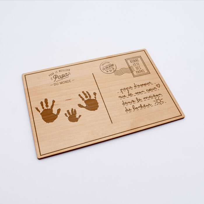Cadre carte postale papa personnalisé bois gravé 15x10 cm avec support - édition spéciale "Bonne fête papa" - Empreintes