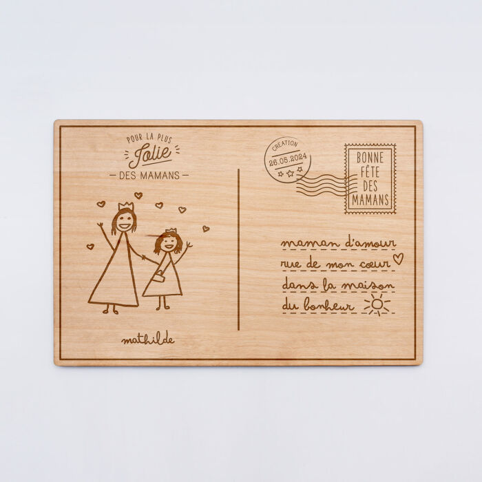 Cadre carte postale maman personnalisé bois gravé 15x10 cm avec support - édition spéciale "Bonne fête maman" - Dessin enfant