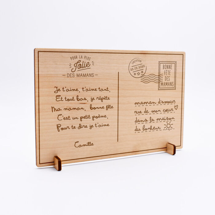Cadre carte postale maman personnalisé bois gravé 15x10 cm avec support - édition spéciale "Bonne fête maman" - Texte