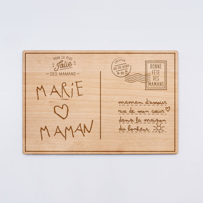 Cadre carte postale maman personnalisé bois gravé 15x10 cm avec support - édition spéciale "Bonne fête maman" - Ecriture
